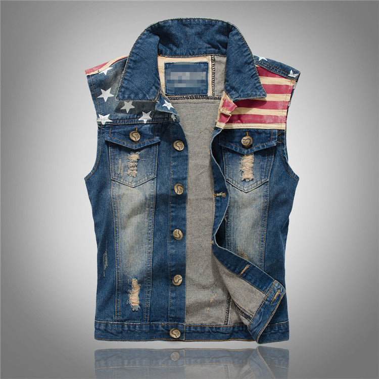 Trendy Men's Large Size Korean Style Denim Vest Men's Denim Vest American Flag Casual Vest