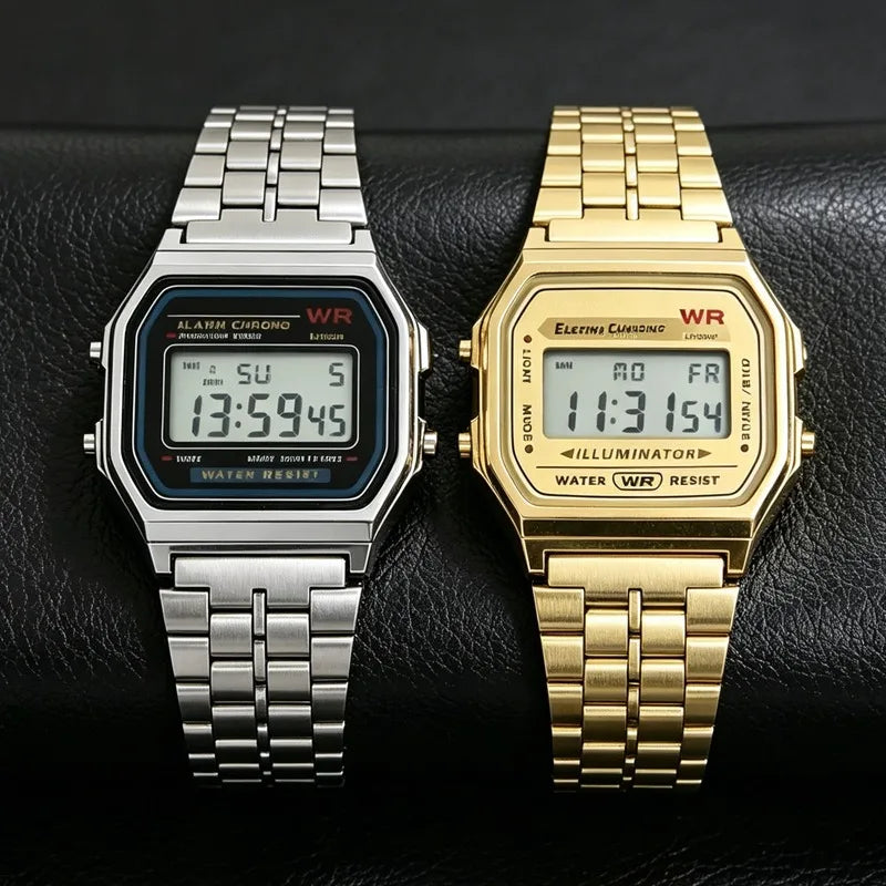 Luxury Stainless Steel Watch Fashion Metal Digital LED Gold Silver Men Women Electronic Daily Business Trendy Wristwatch Unisex