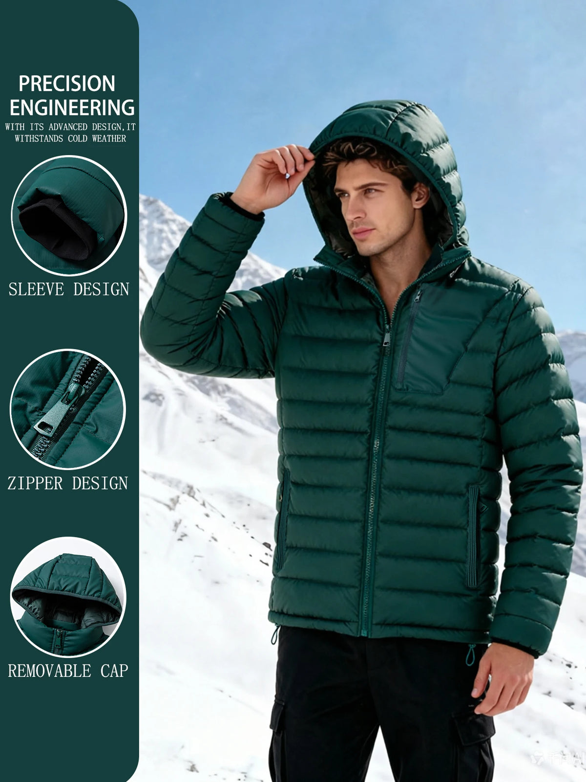 Men's Winter Hooded down Jacket Lightweight Windproof Quilted Cotton Warm Casual Zipper Outdoor Daily Outerwear